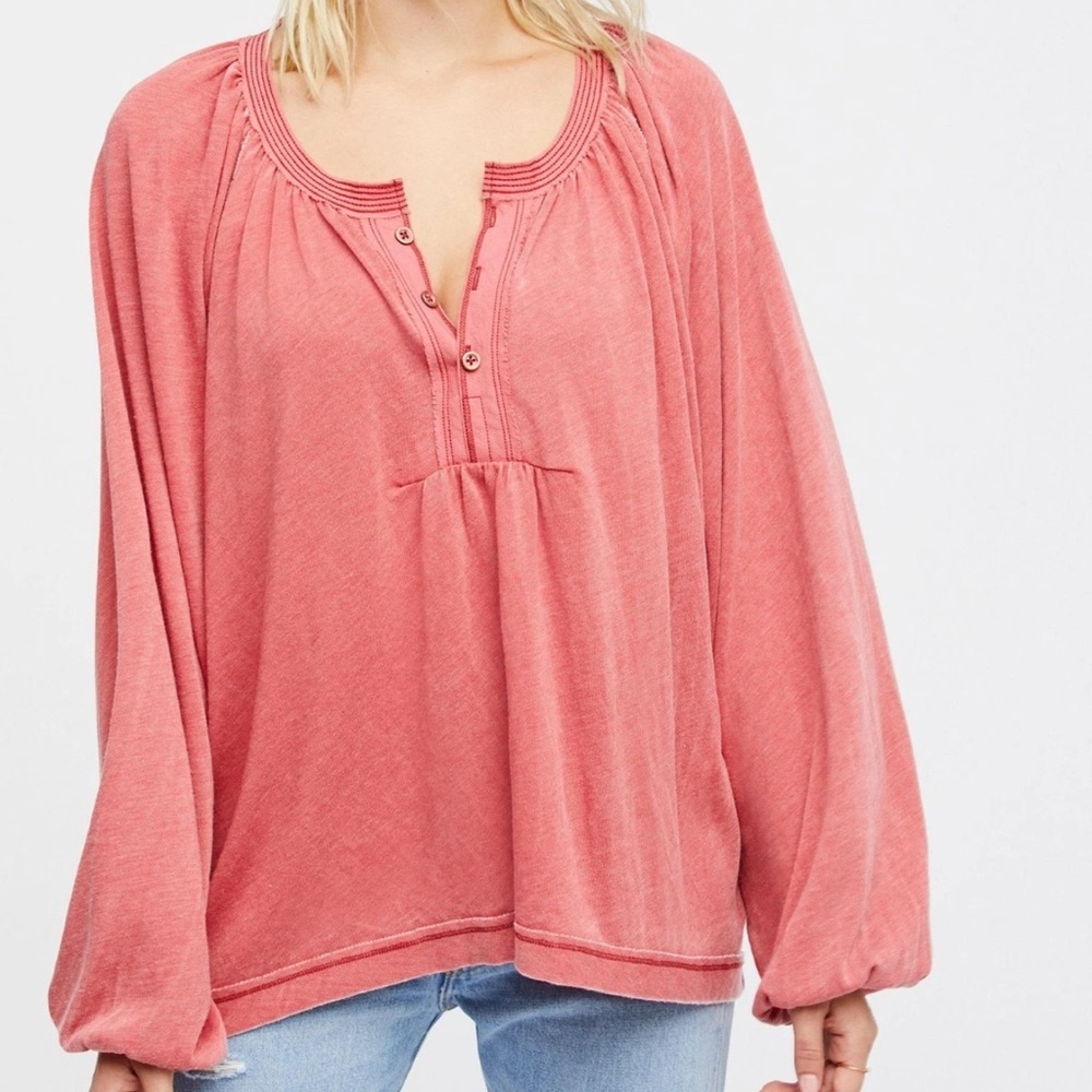Free People We The Free Acadia Henley Top Women’s XS Oversized Vintage Red Boho